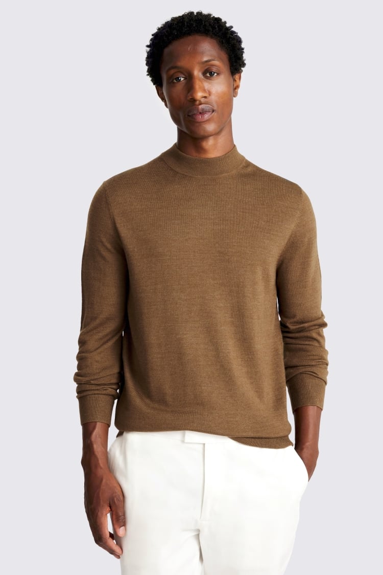 Tobacco Merino-Blend Mock Neck Jumper