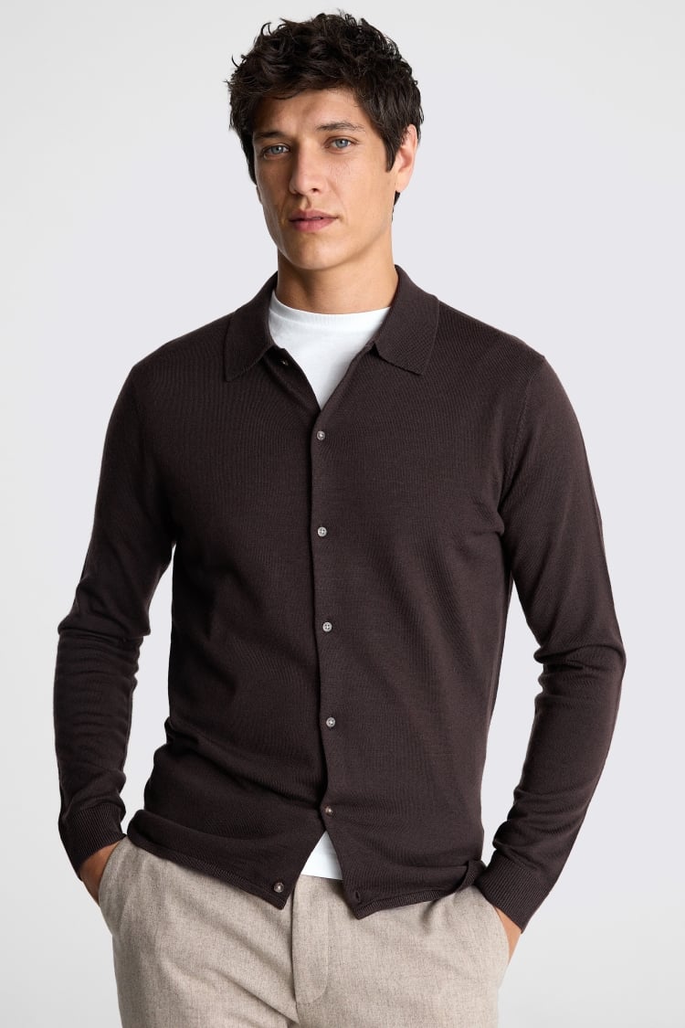 Brown Merino-Blend Button Down Shirt