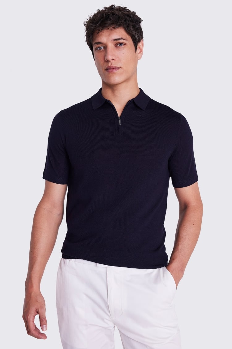 Navy Merino Quarter Zip Polo Shirt