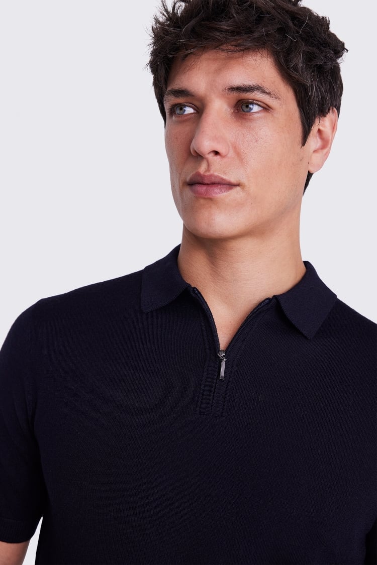 Navy Merino Quarter Zip Polo Shirt