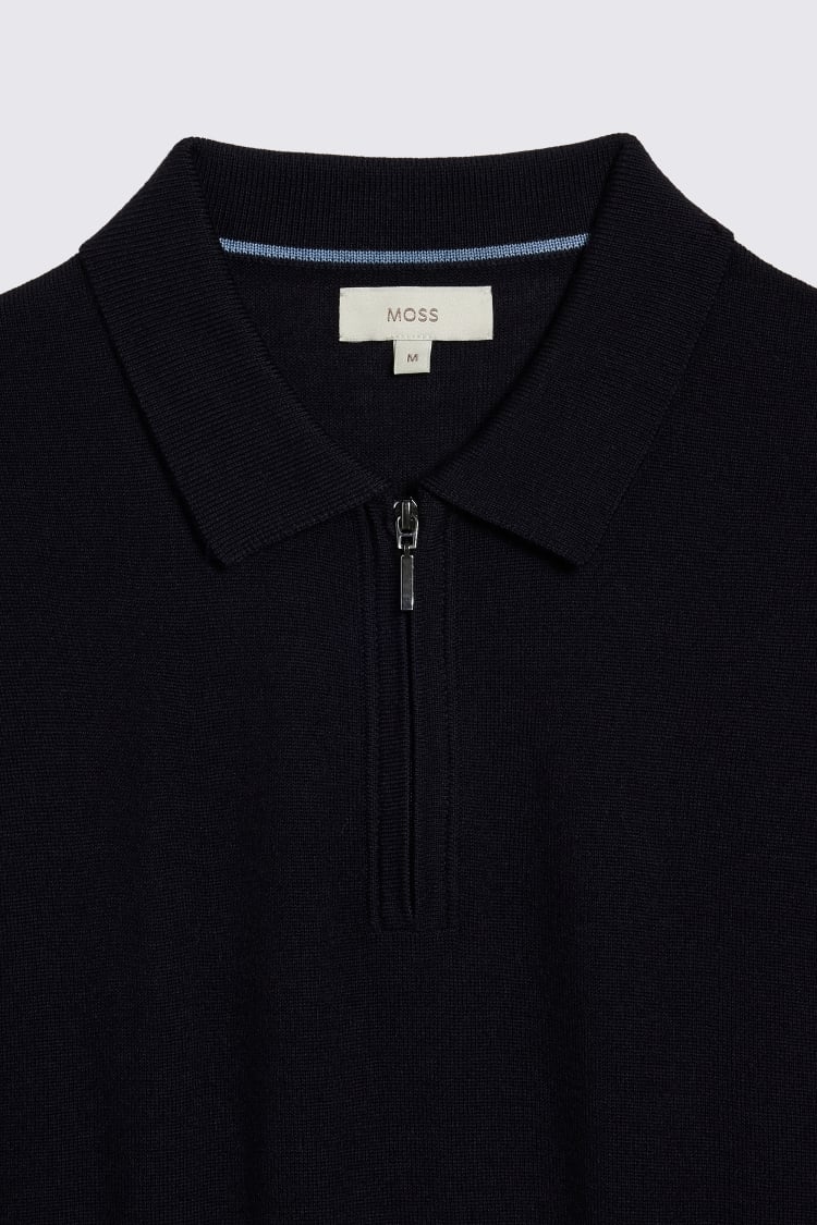 Navy Merino Quarter Zip Polo Shirt