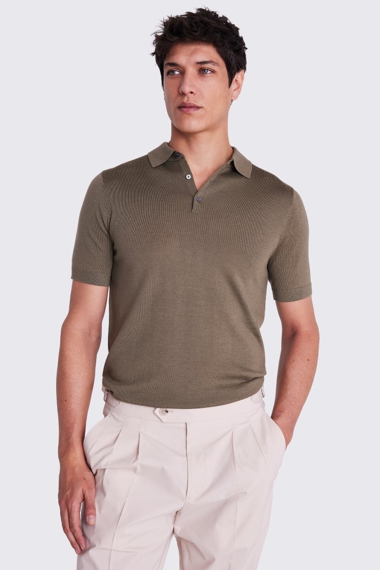 Olive Merino Knitted Polo Shirt