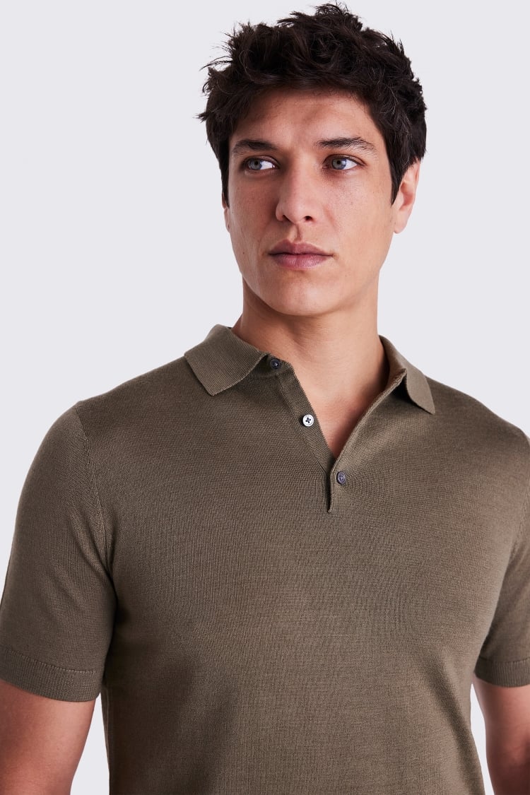 Olive Merino Knitted Polo Shirt