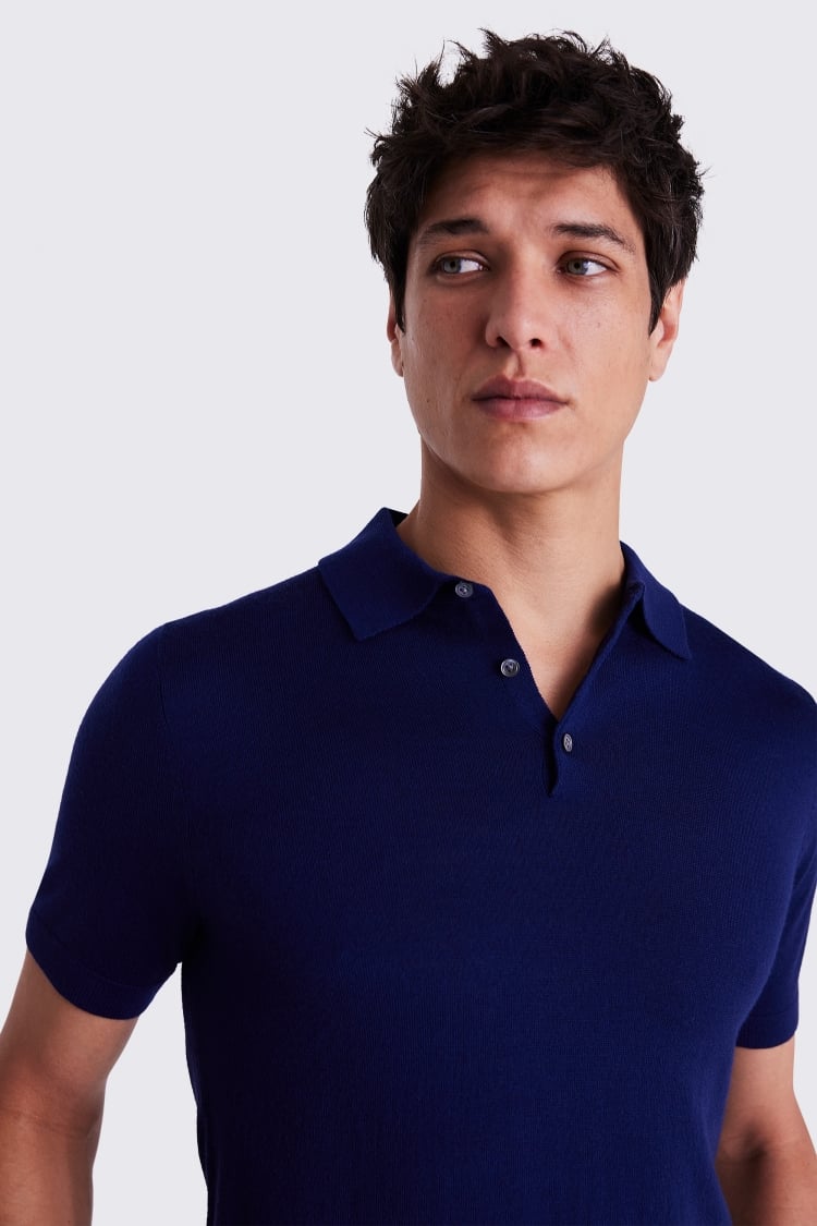 Blue Merino Knitted Polo Shirt