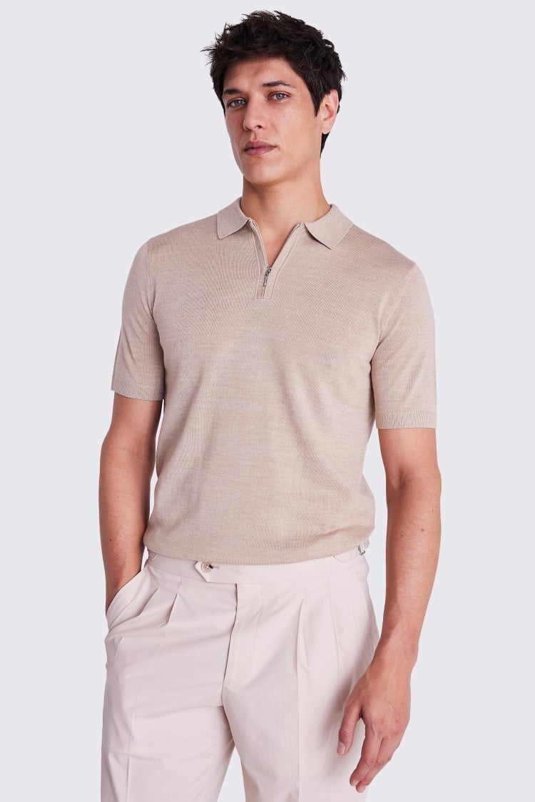 Camel Merino Quarter Zip Polo Shirt