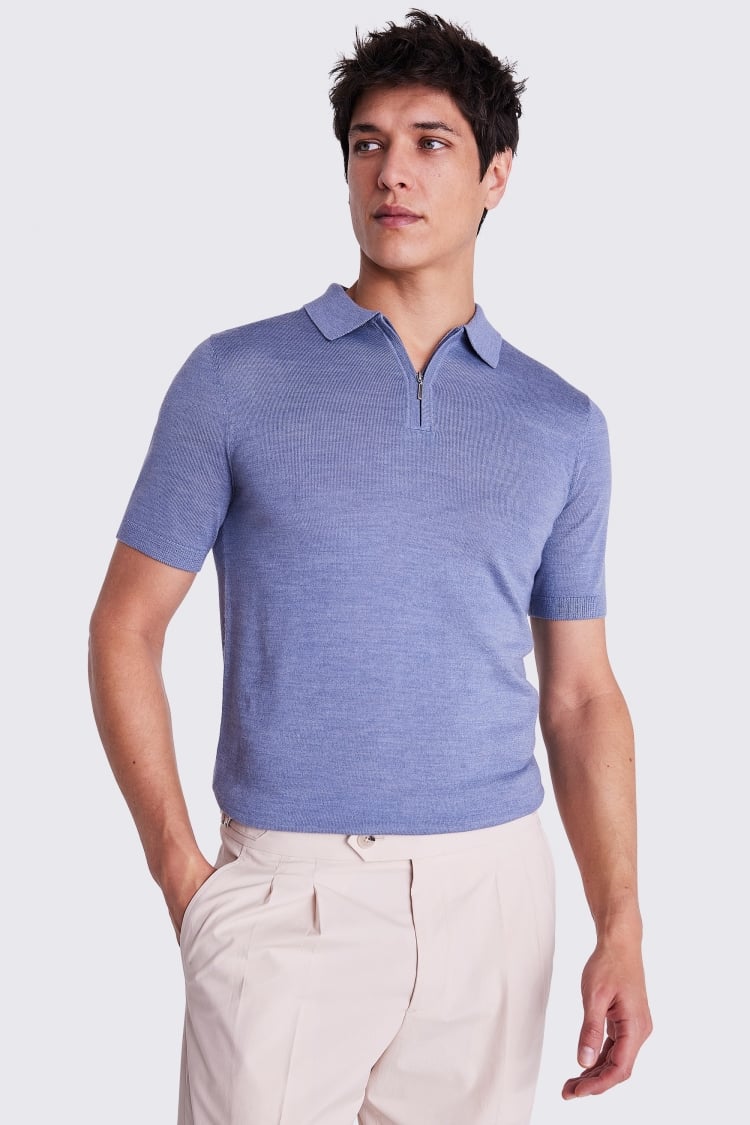 Steel Blue Merino Quarter Zip Polo Shirt