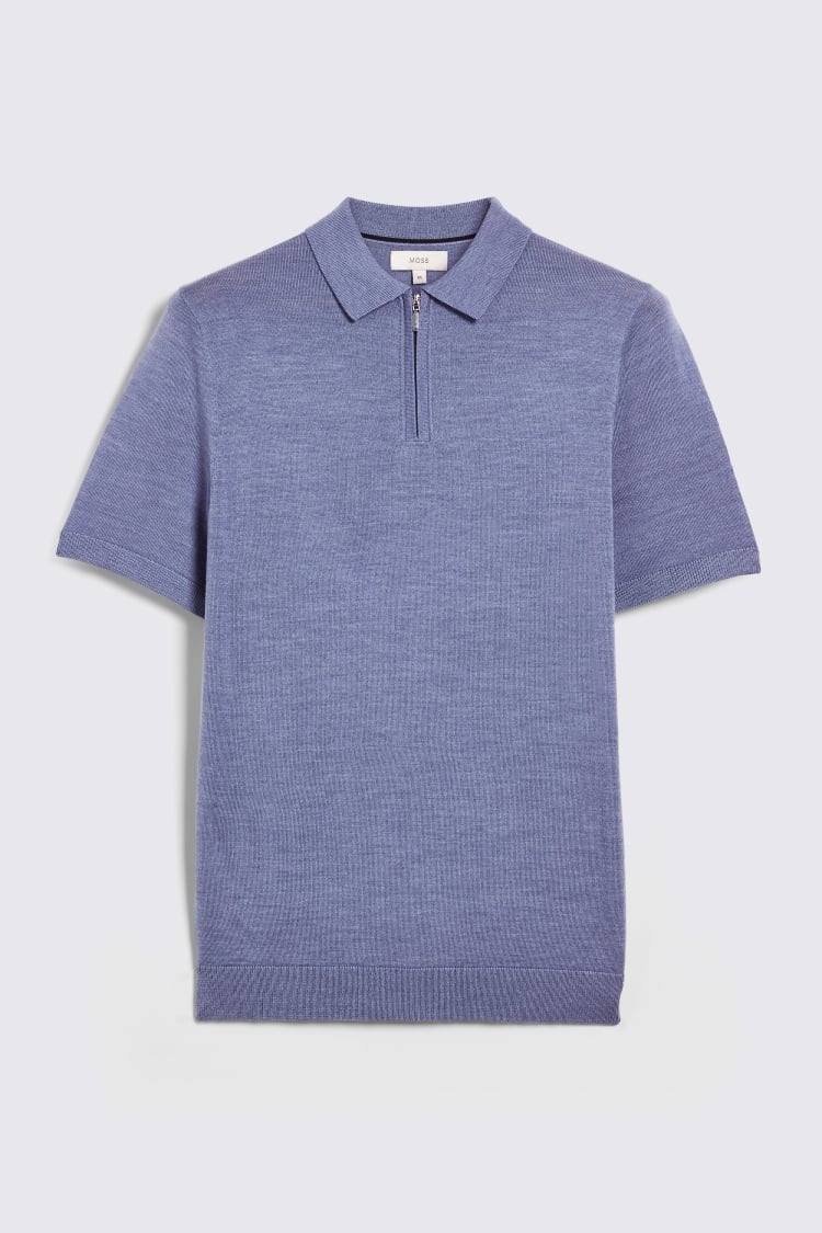 Steel Blue Merino Quarter Zip Polo Shirt