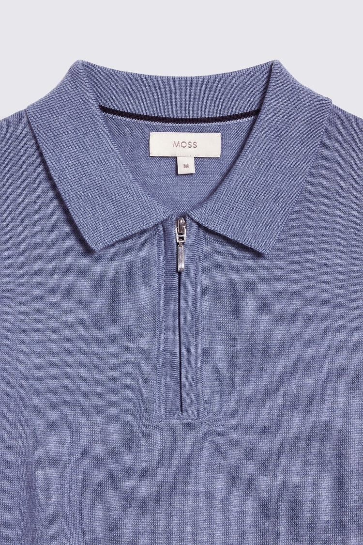 Steel Blue Merino Quarter Zip Polo Shirt