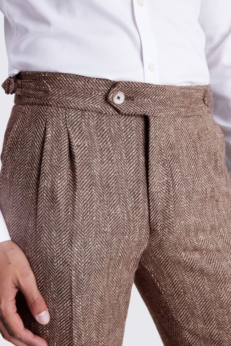 Tailored Fit Brown Herringbone Pants