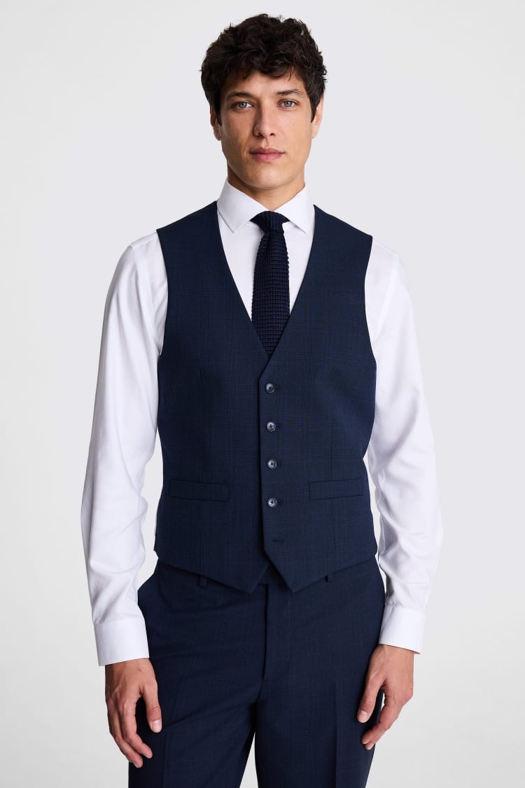 Tailored Fit Navy Check Waistcoat 