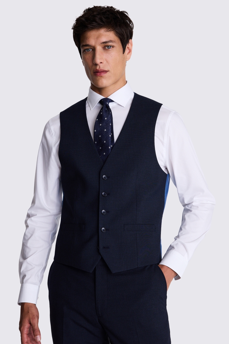 French Connection Slim Fit Blue Mini Check Waistcoat 