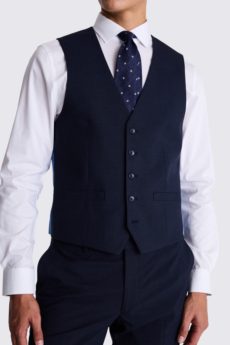 French Connection Slim Fit Blue Mini Check Waistcoat 