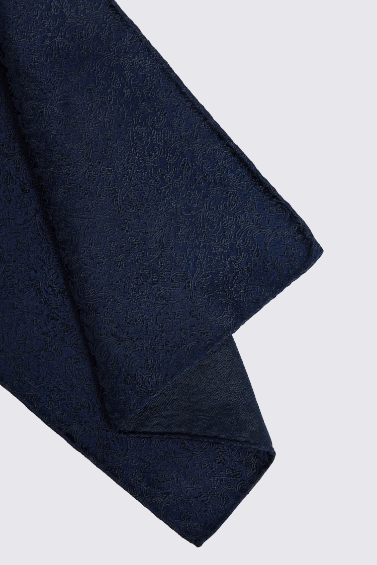 Navy Floral Swirl Silk Pocket Square