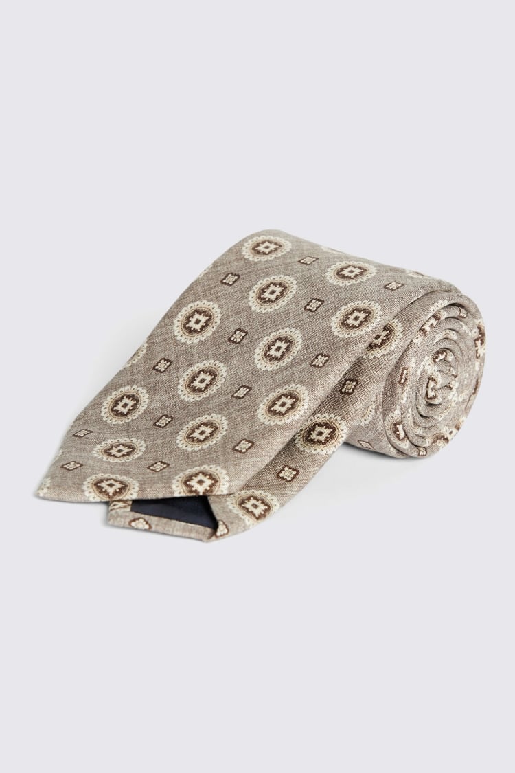 Bottinelli Taupe Medallian Print Silk Tie 