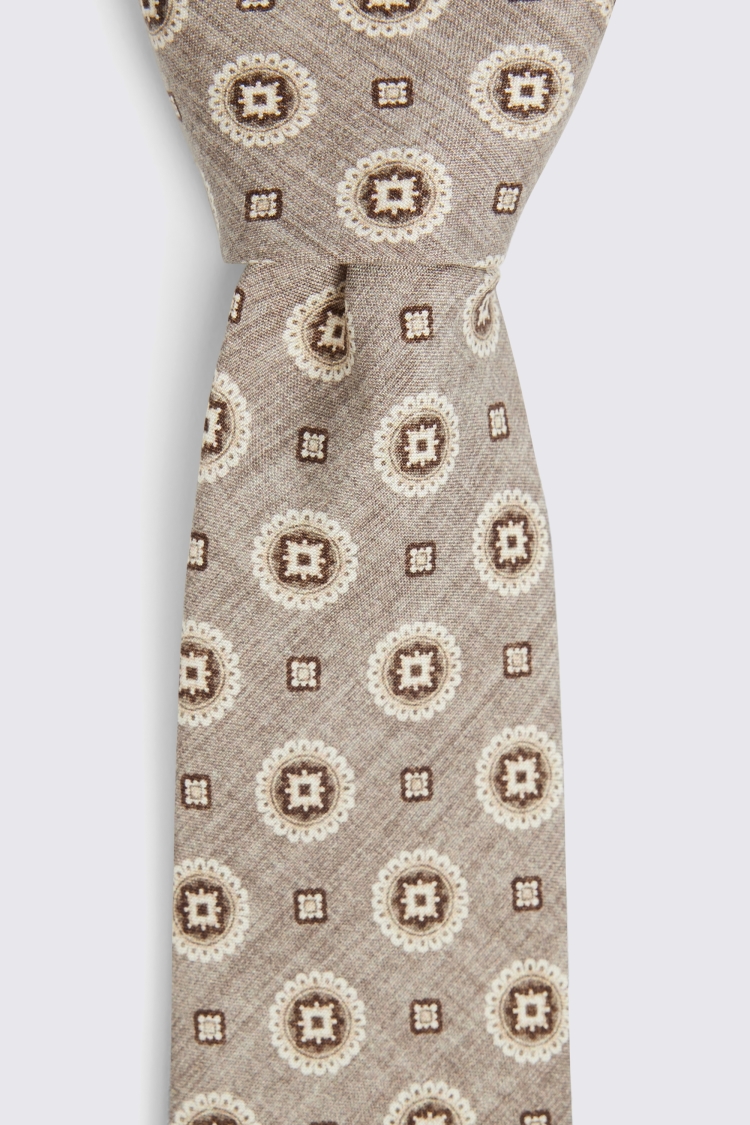 Bottinelli Taupe Medallian Print Silk Tie 