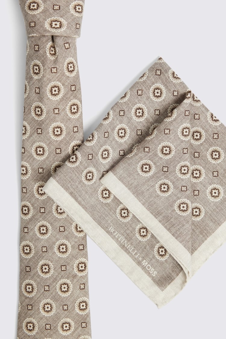 Bottinelli Taupe Medallian Print Silk Tie 