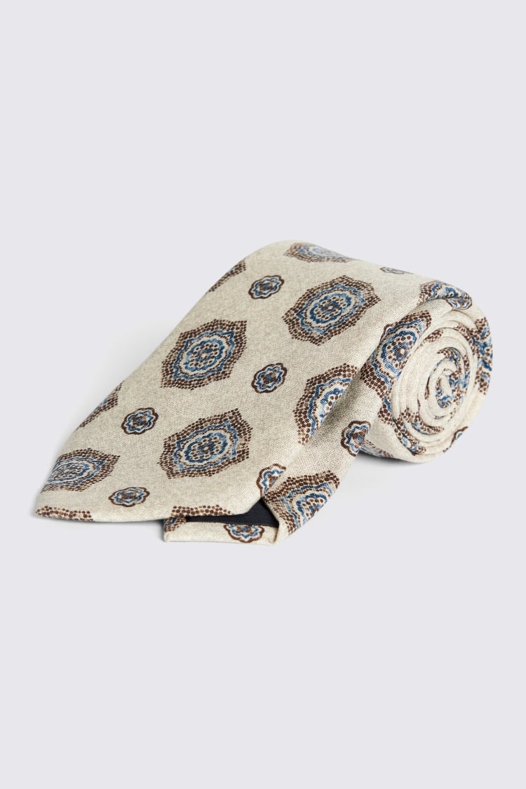 Bottinelli Neutral Medallion Print Silk Tie 