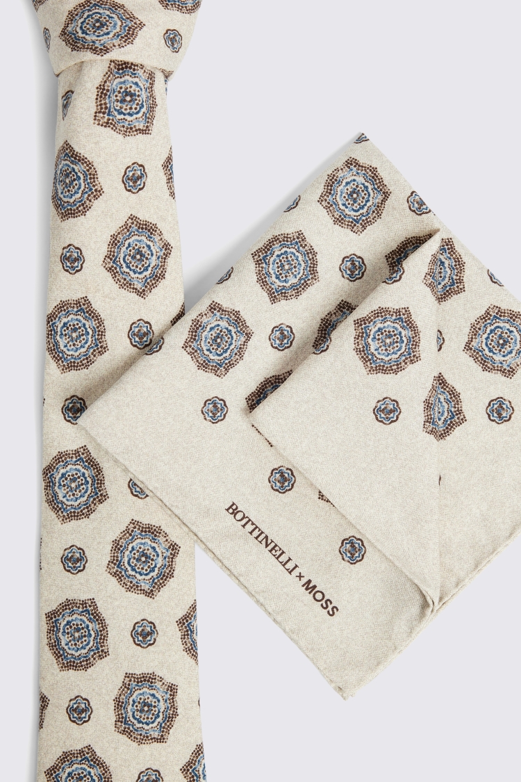 Bottinelli Neutral Medallion Print Silk Tie 