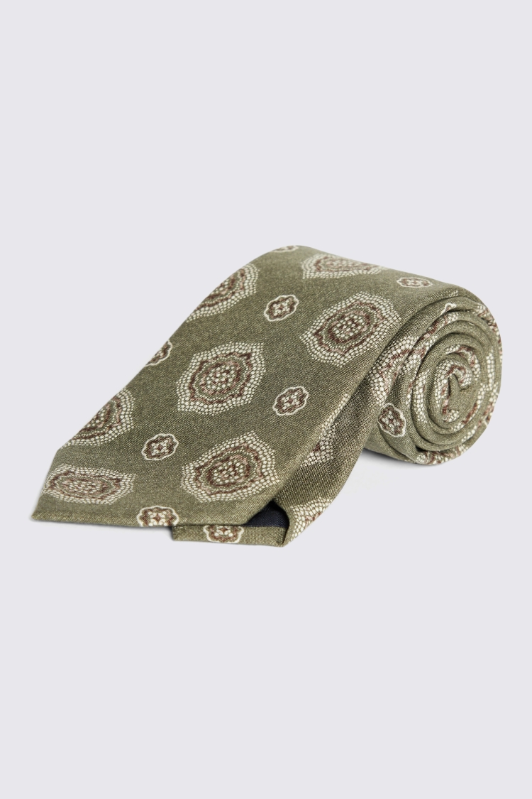 Bottinelli Olive Medallian Print Silk Tie 