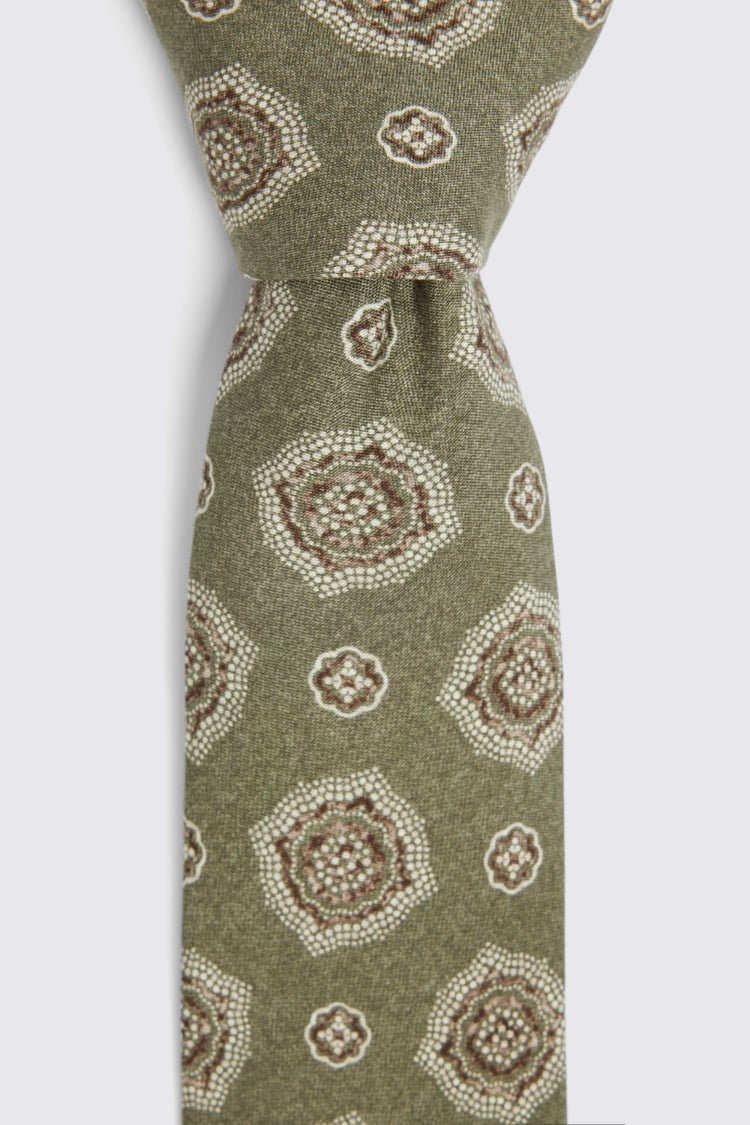 Bottinelli Olive Medallian Print Silk Tie 