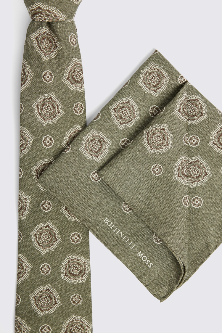 Bottinelli Olive Medallian Print Silk Tie 