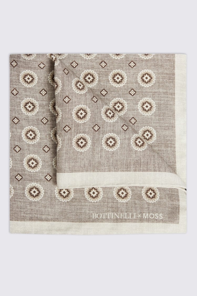 Bottinelli Taupe Medallion Print Silk Pocket Square