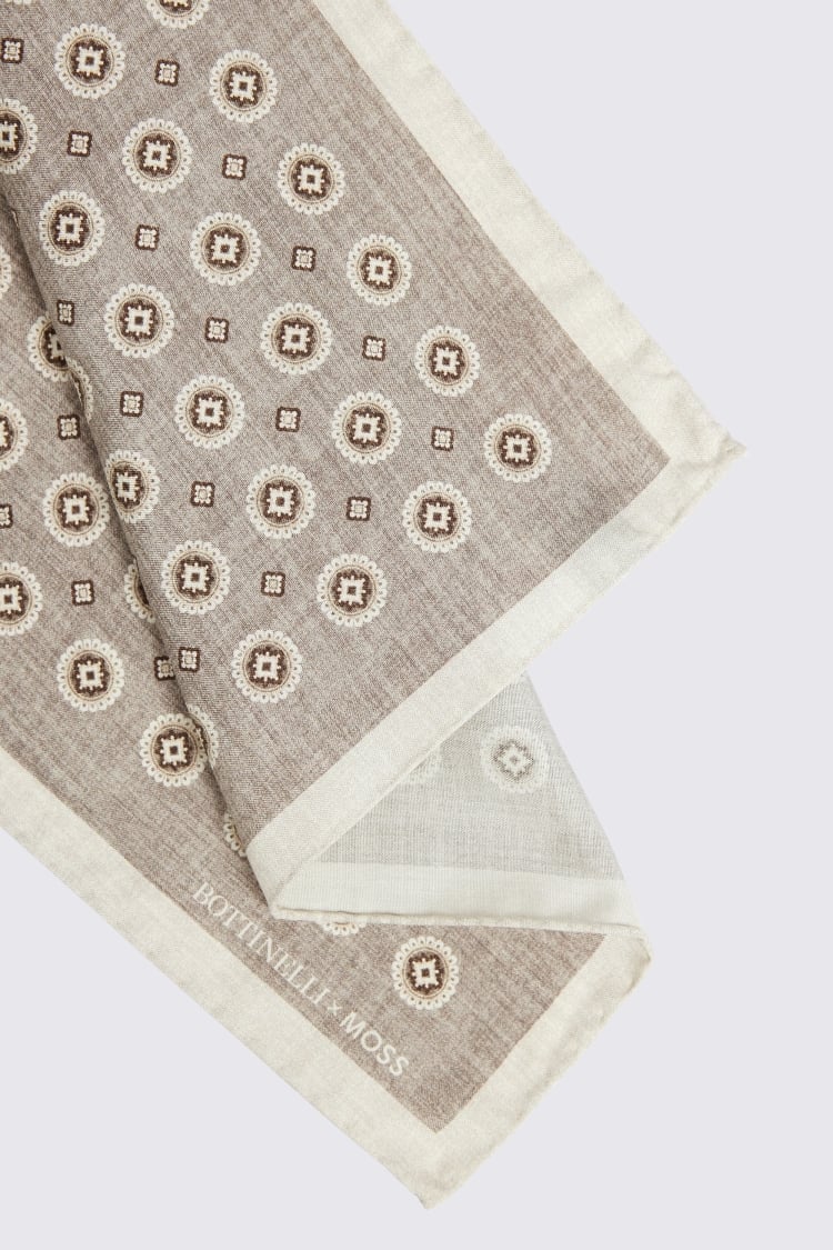 Bottinelli Taupe Medallion Print Silk Pocket Square