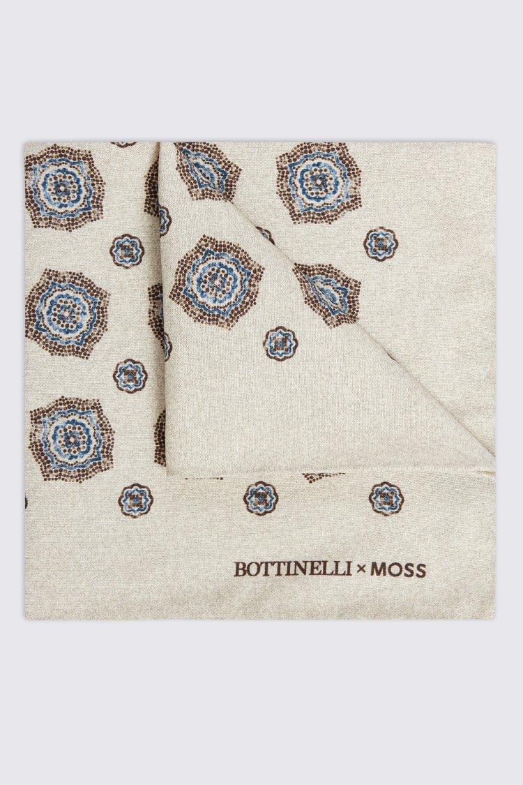 Bottinelli Neutral Medallion Print Silk Pocket Square