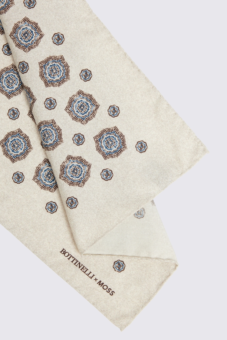 Bottinelli Neutral Medallion Print Silk Pocket Square