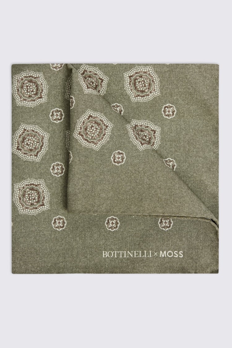 Bottinelli Olive Medallion Print Silk Pocket Square