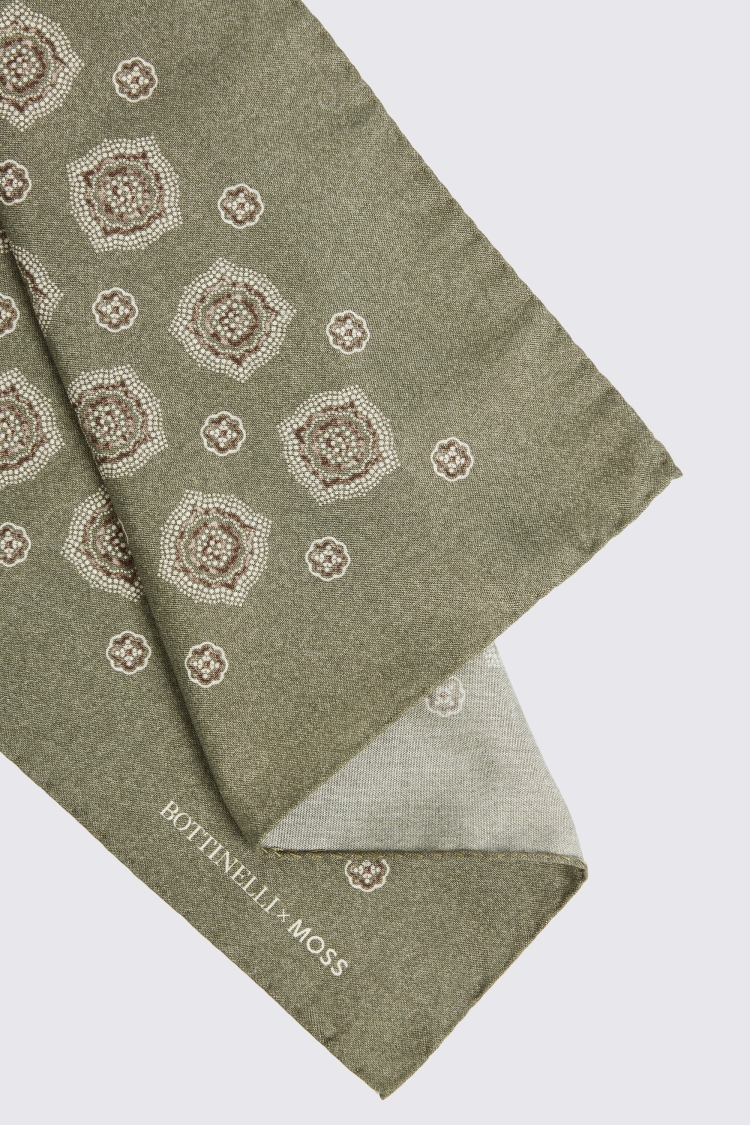 Bottinelli Olive Medallion Print Silk Pocket Square