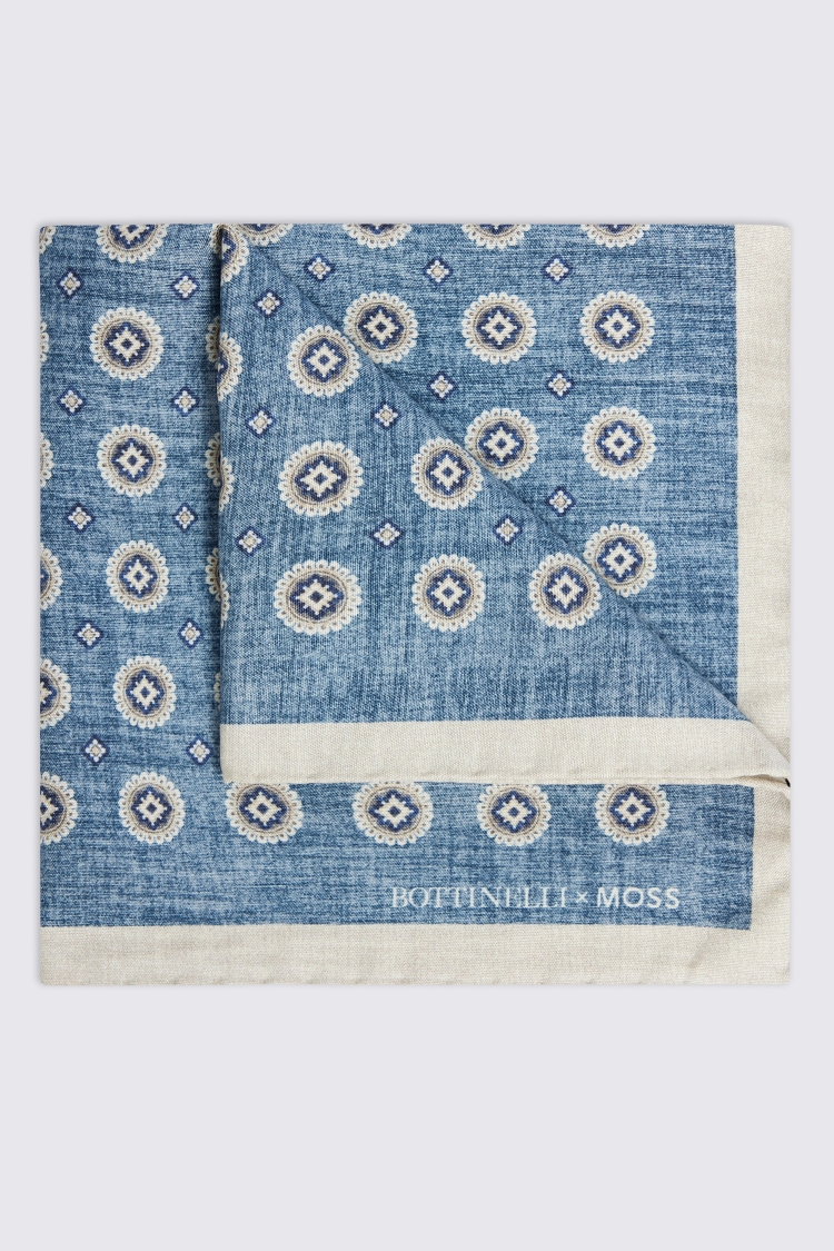 Bottinelli Mid-Blue Medallion Print Silk Pocket Square