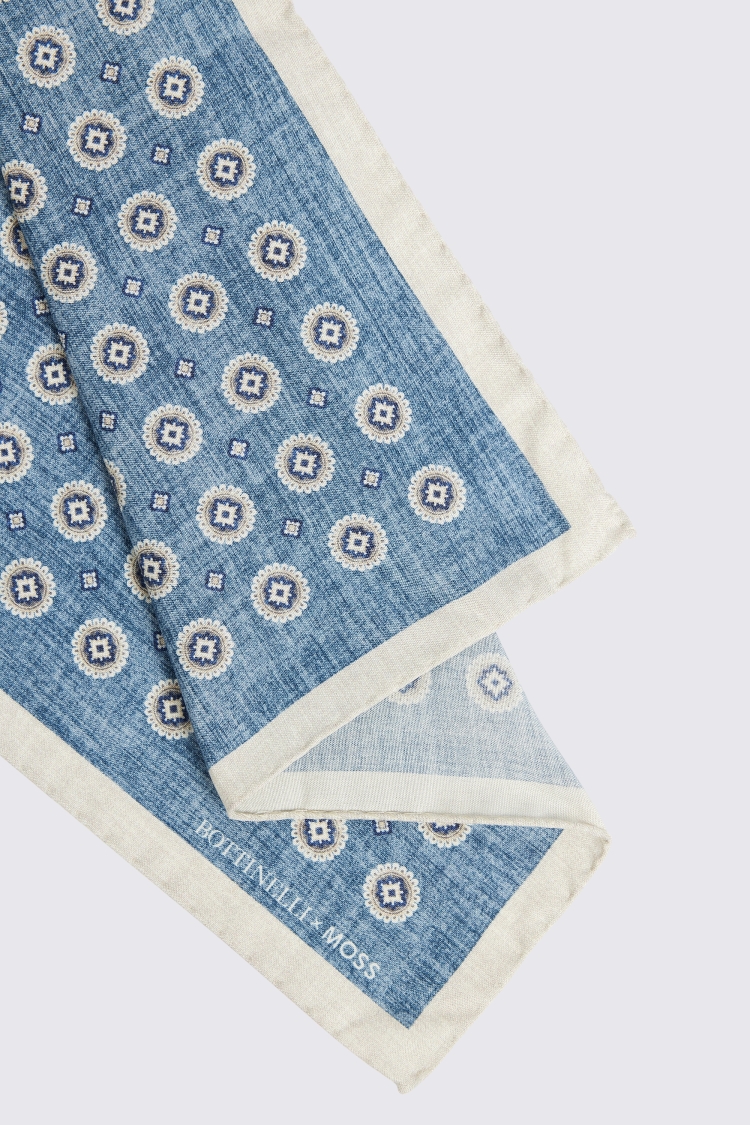 Bottinelli Mid-Blue Medallion Print Silk Pocket Square