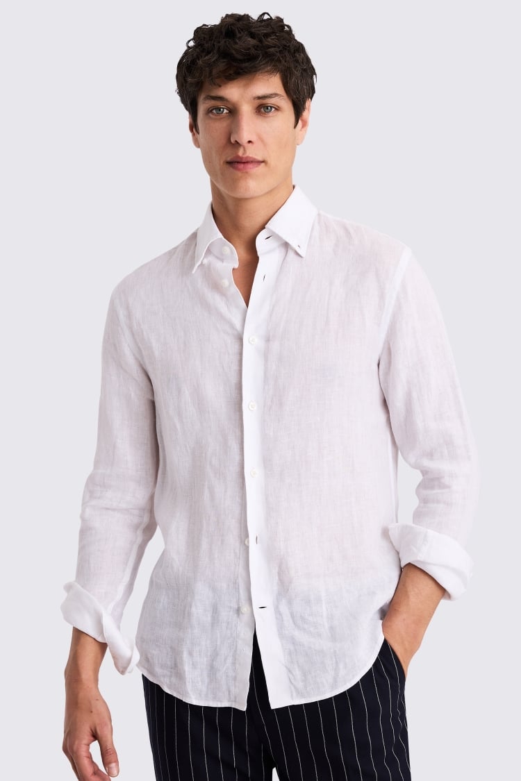 White Button Down Collar Linen Shirt