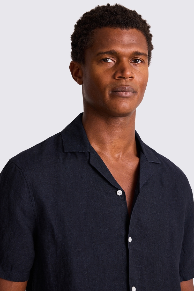 Navy Cuban Collar Linen Shirt