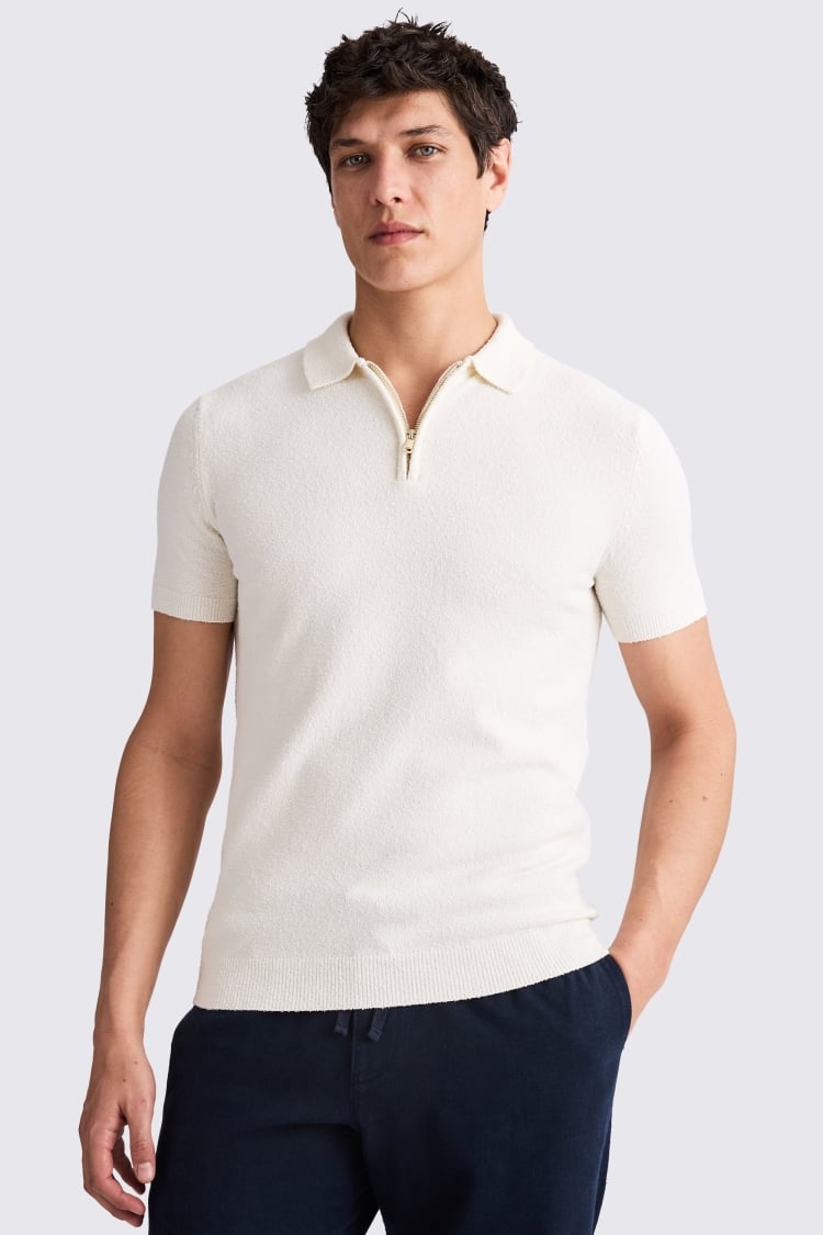 Ecru Bouclé Zip-Neck Polo Shirt