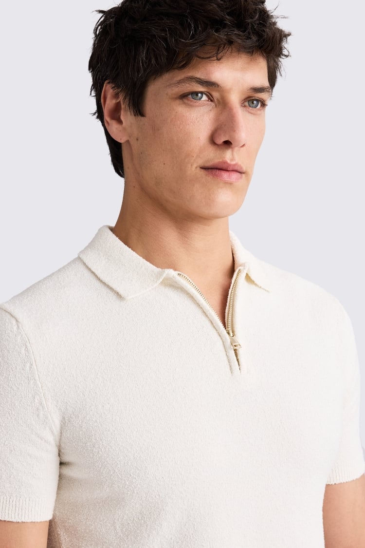 Ecru Bouclé Zip-Neck Polo Shirt