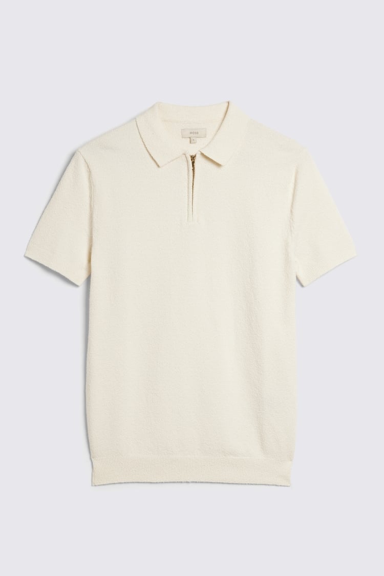 Ecru Bouclé Zip-Neck Polo Shirt