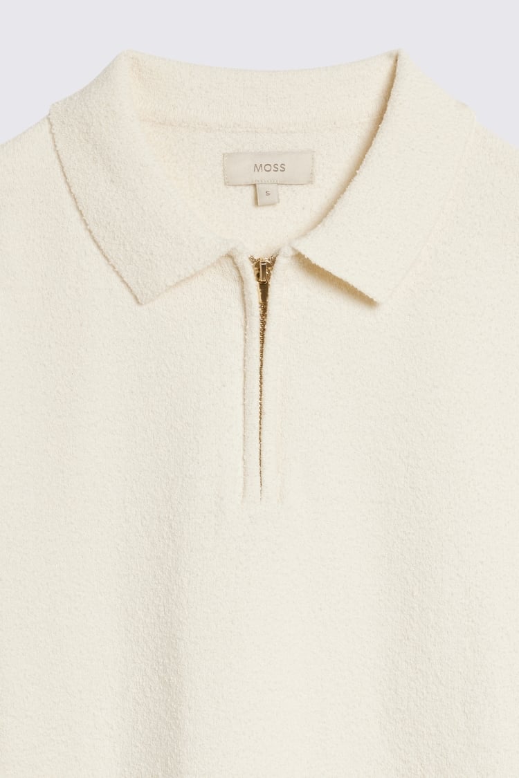 Ecru Bouclé Zip-Neck Polo Shirt