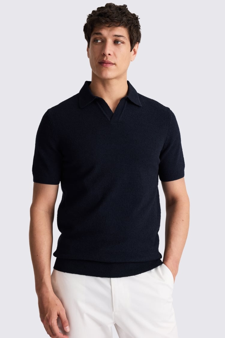 Navy Bouclé Skipper Polo Shirt