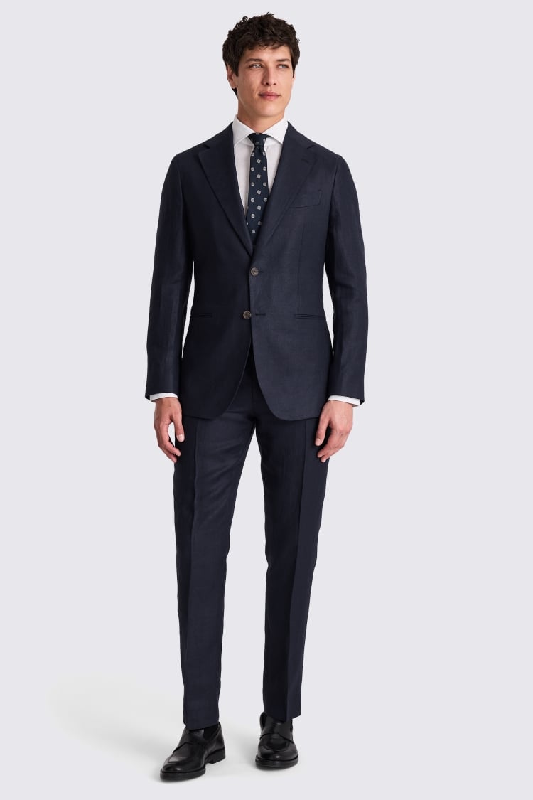 Italian Tailored Fit Navy Twill Linen Suit