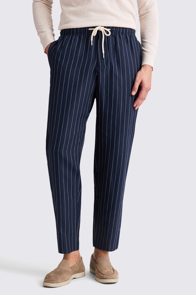 Navy Linen Cotton Stripe Drawstring Trousers