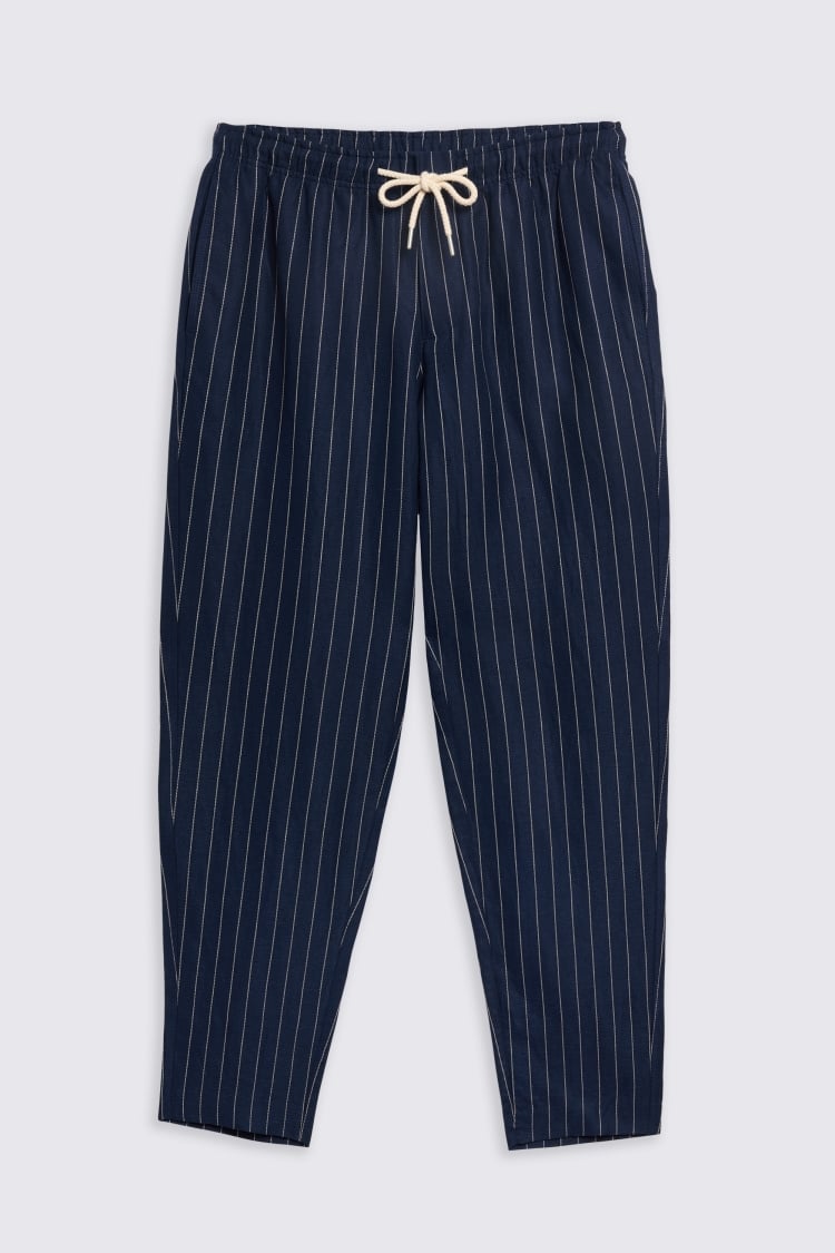 Navy Linen Cotton Stripe Drawstring Trousers