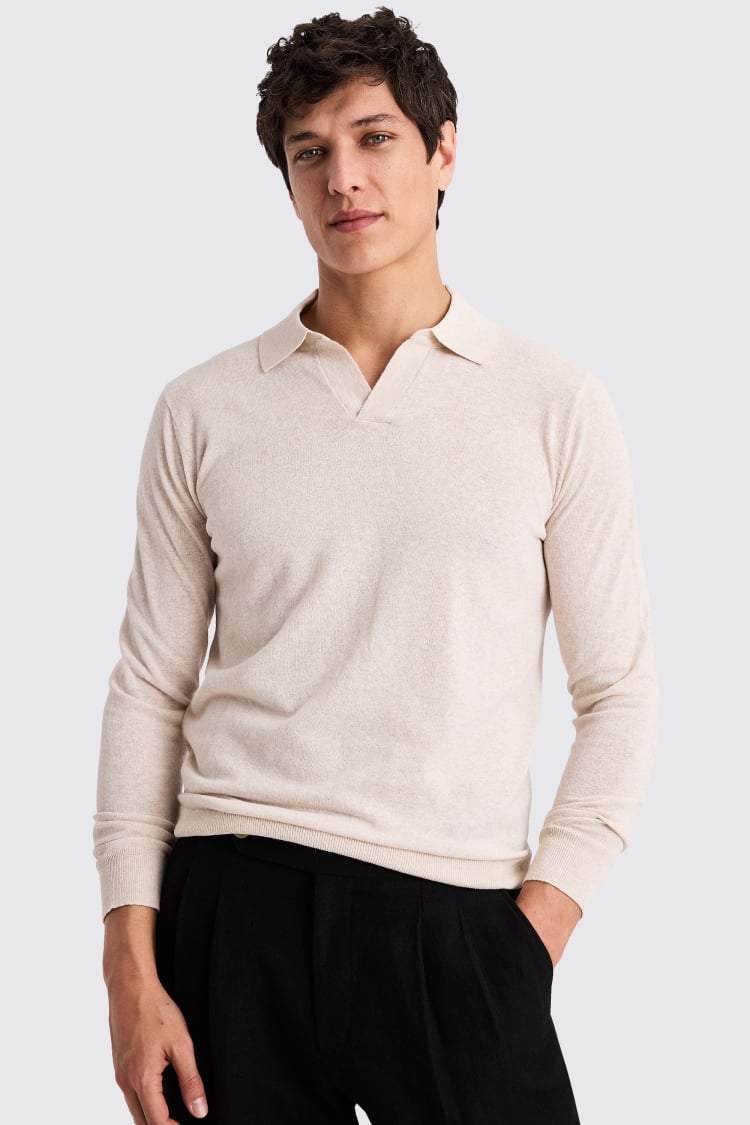 Linen Blend Oatmeal Skipper Polo