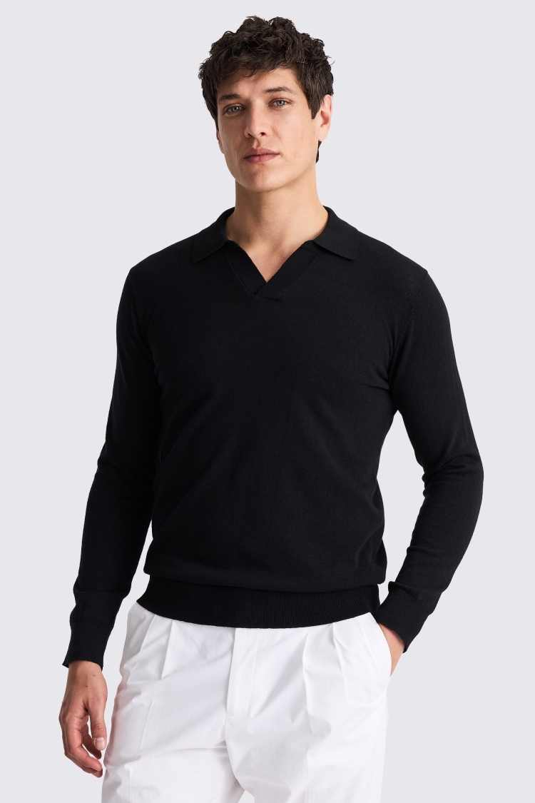 Long Sleeve Linen Blend Black Polo