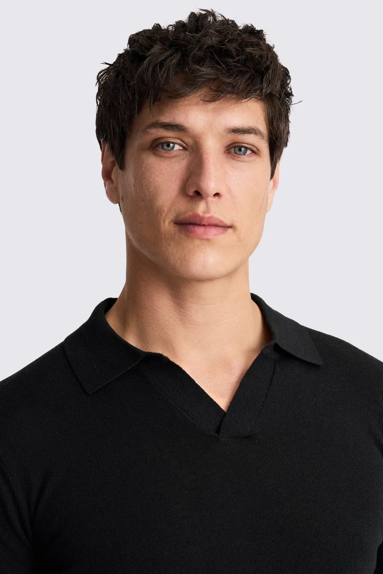 Black Linen-Blend Skipper Polo