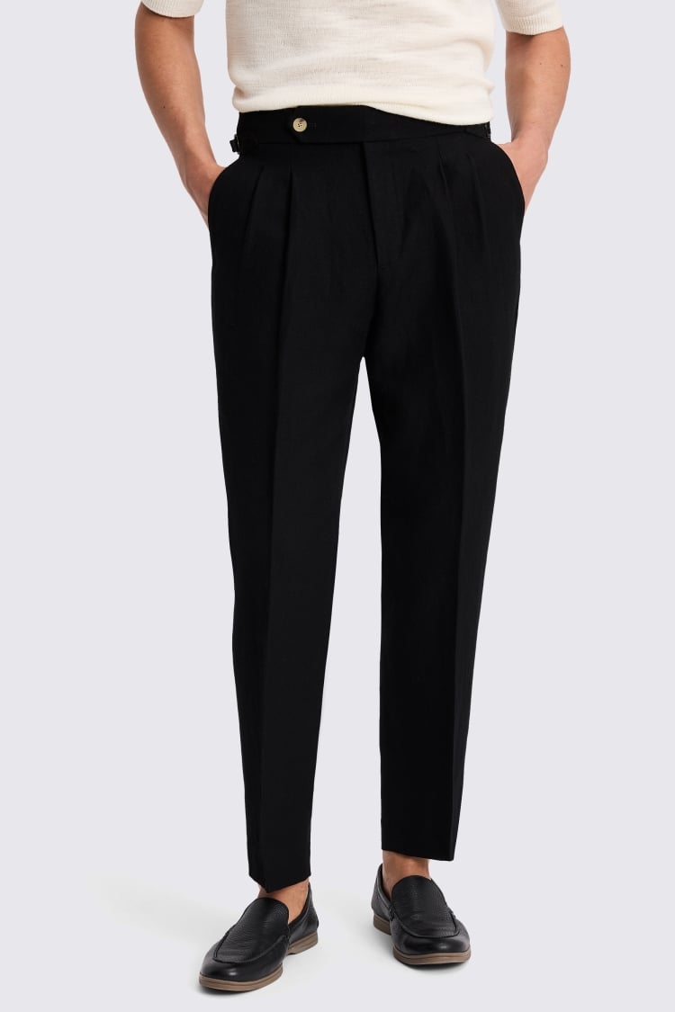 Black Wool Linen Pleated Trouser