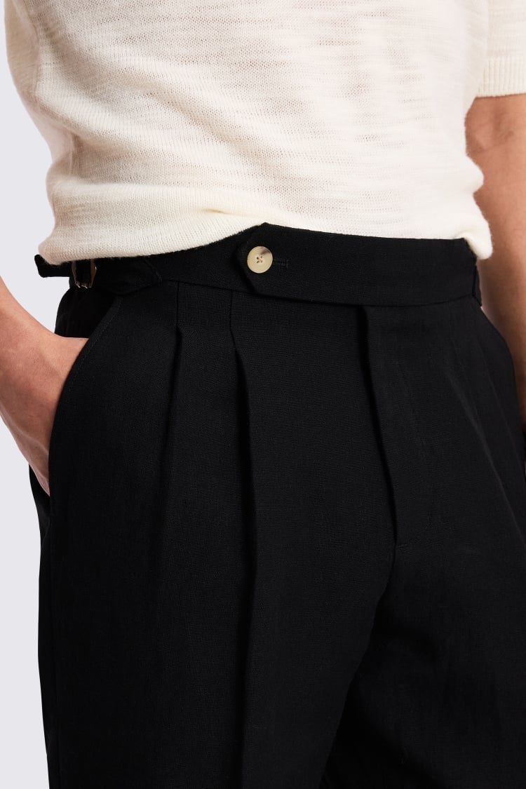 Black Wool Linen Pleated Trouser