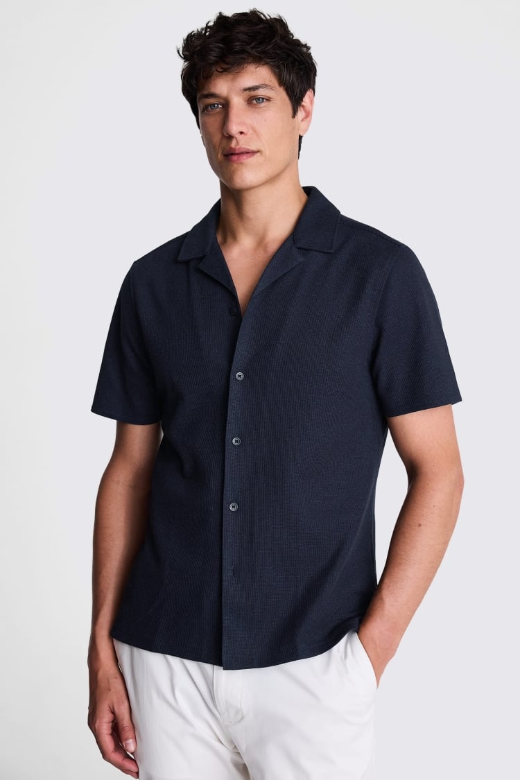 Navy Knitted Cuban Collar Shirt