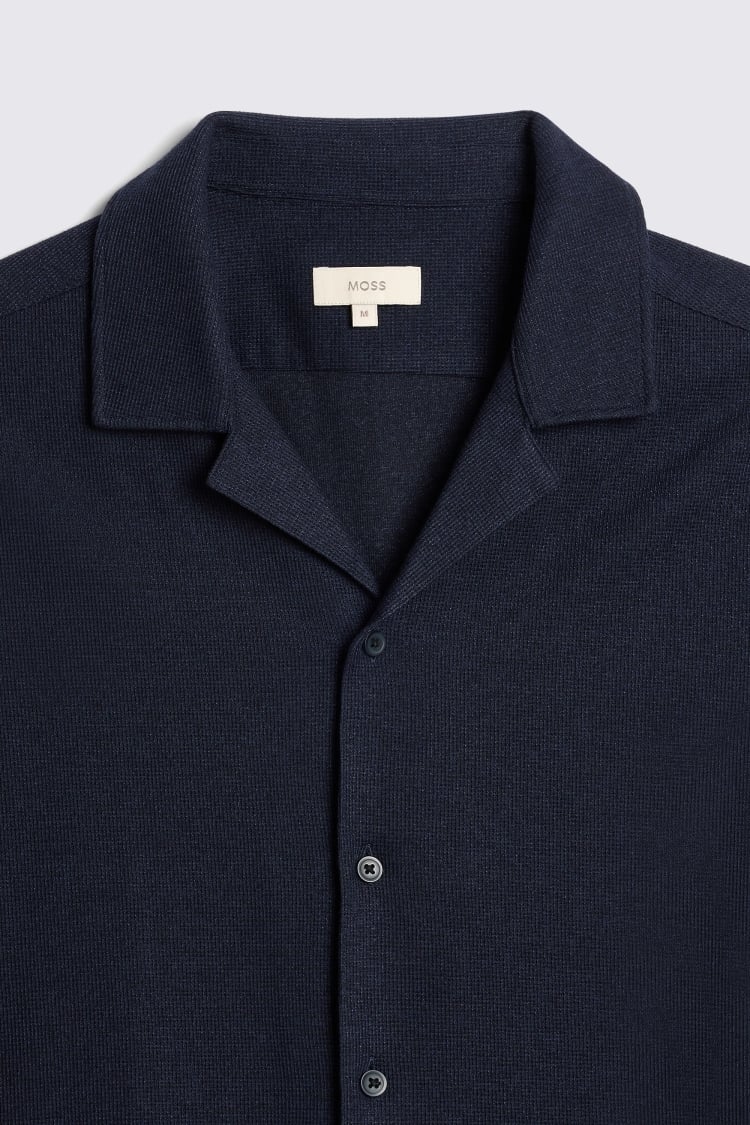 Navy Knitted Cuban Collar Shirt